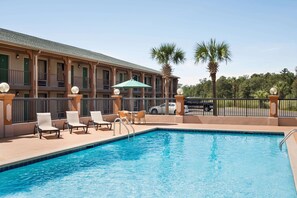 Relax by the pool surrounded by palm trees and lounge chairs.