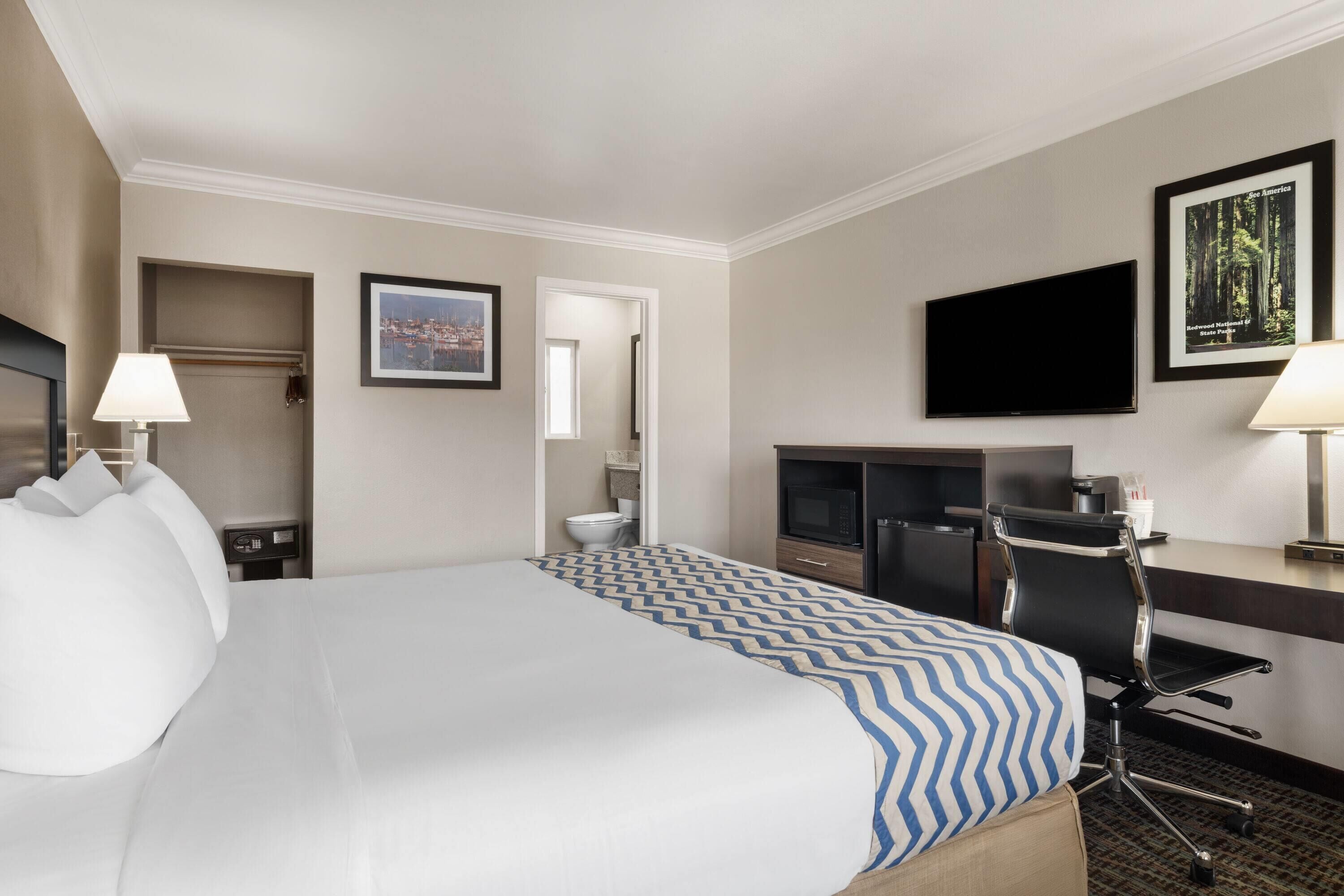 A hotel room with a large bed, a desk with a chair, a television, and a framed picture on the wall.