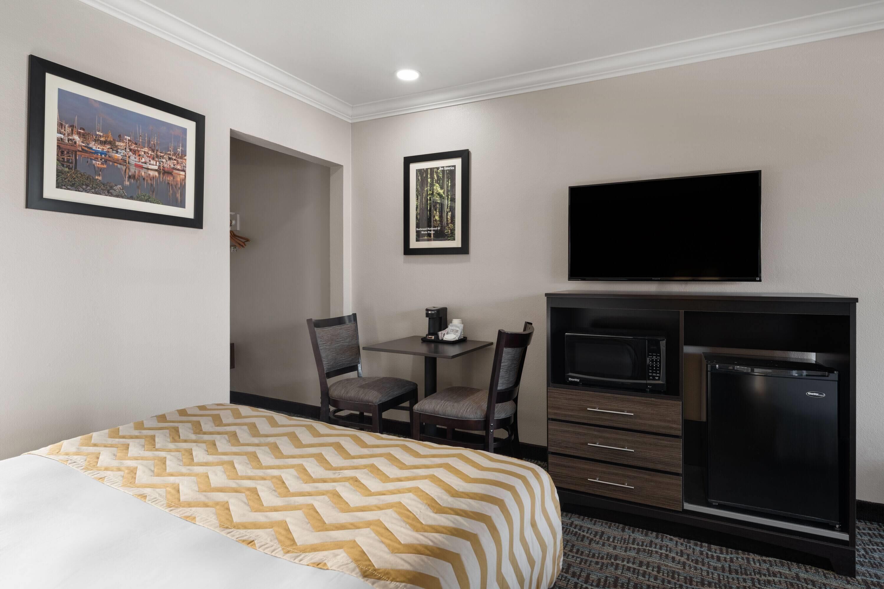 A hotel room with a bed, a desk with a chair, a television, a microwave, and a refrigerator.