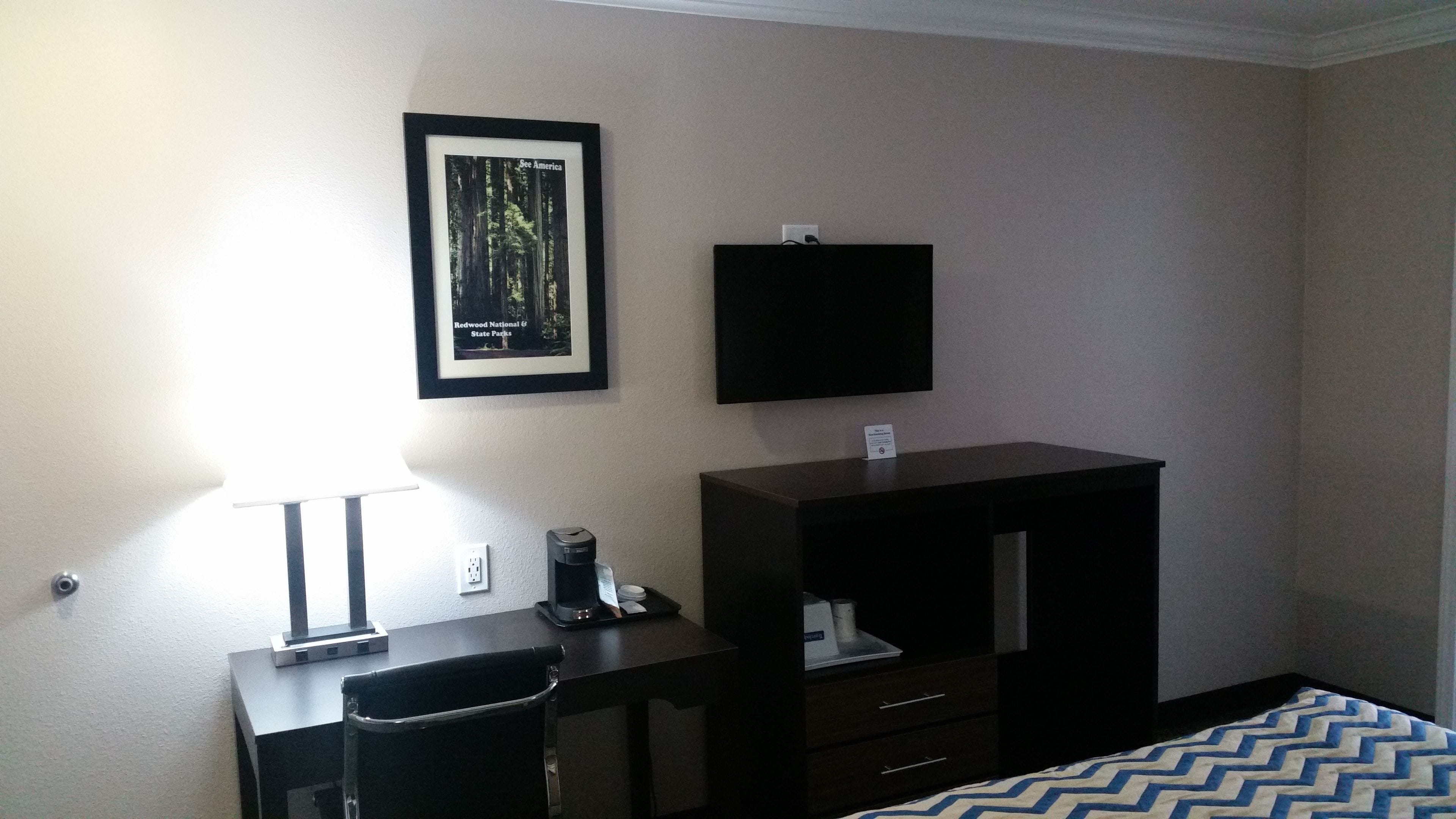 Habitación de hotel con escritorio, silla, cama, cuadro enmarcado y televisor de pantalla plana.