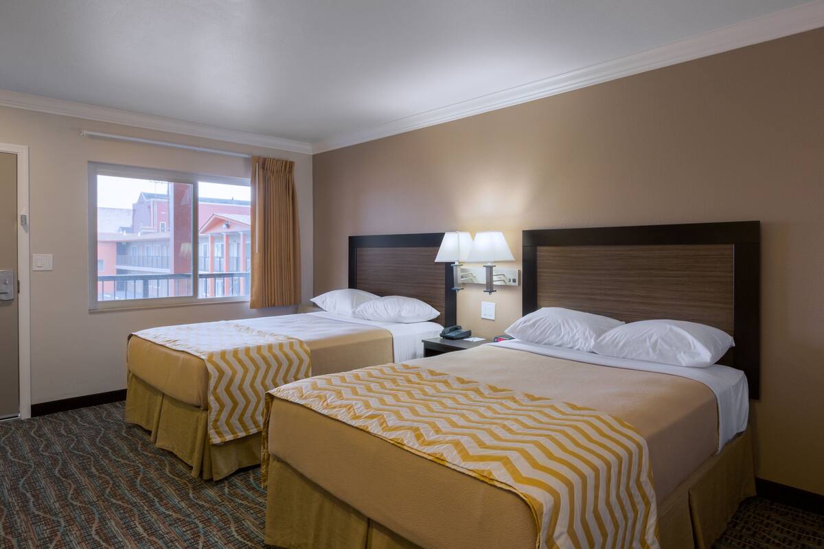 A hotel room with two beds, a window with curtains, a nightstand with a lamp, and a patterned carpet.