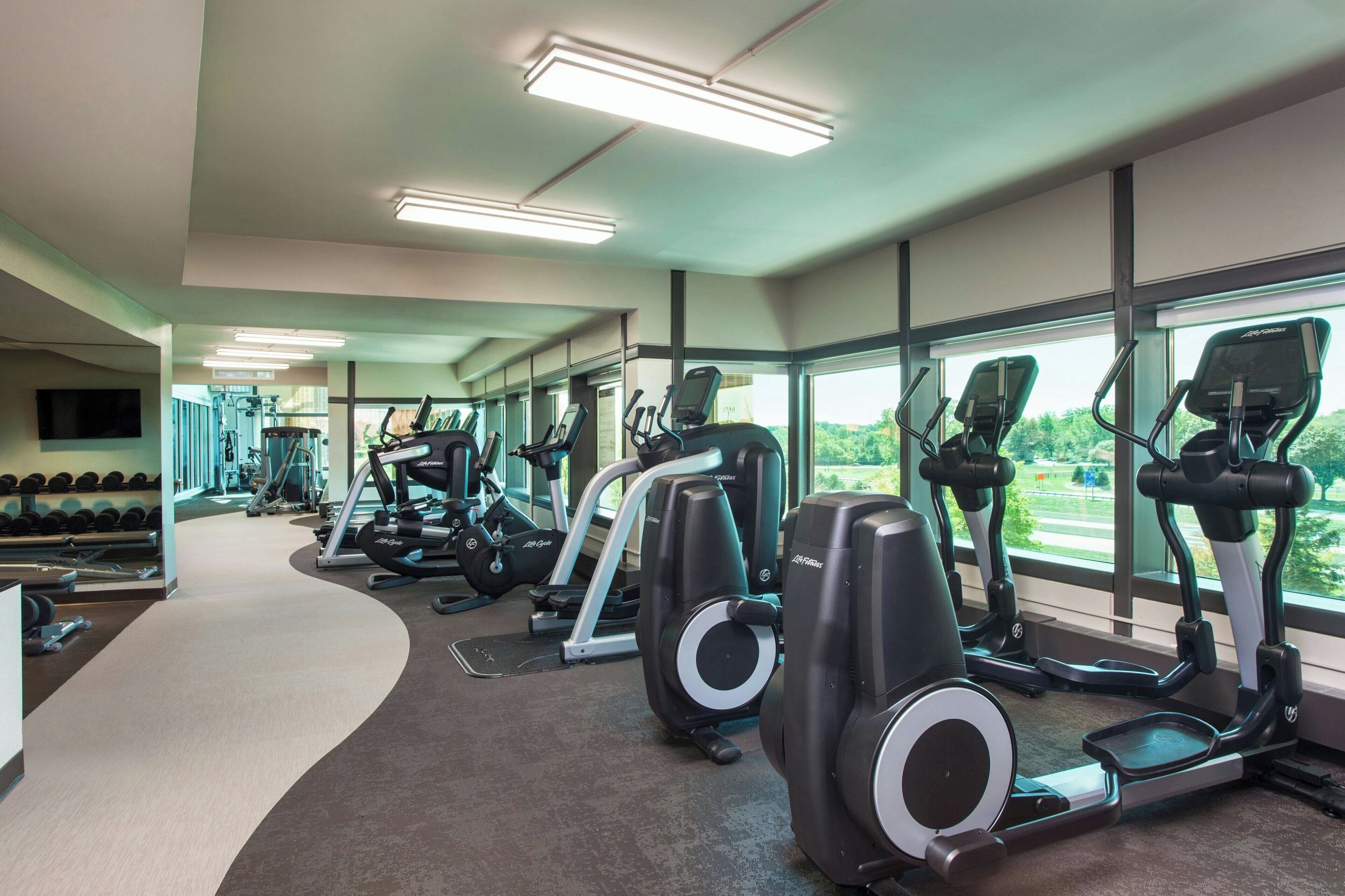 Un gimnasio con cintas de correr, elípticas y equipo de levantamiento de pesas.