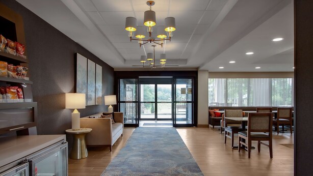 A hotel lobby with a central seating area, a chandelier, and a large window providing a view of the outdoors. - Hampton Inn Birmingham-Colonnade 280 (Birmingham)