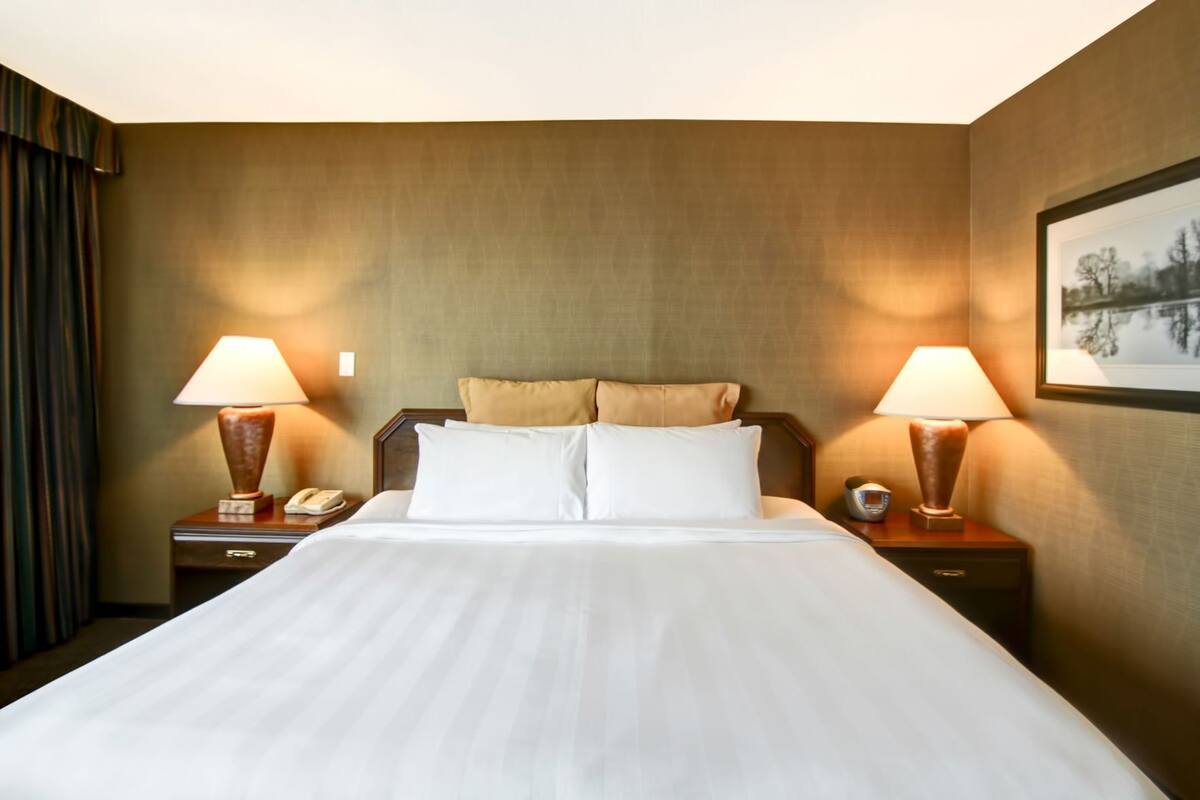 A hotel room with a large bed, two bedside lamps, a telephone, and a framed picture on the wall.