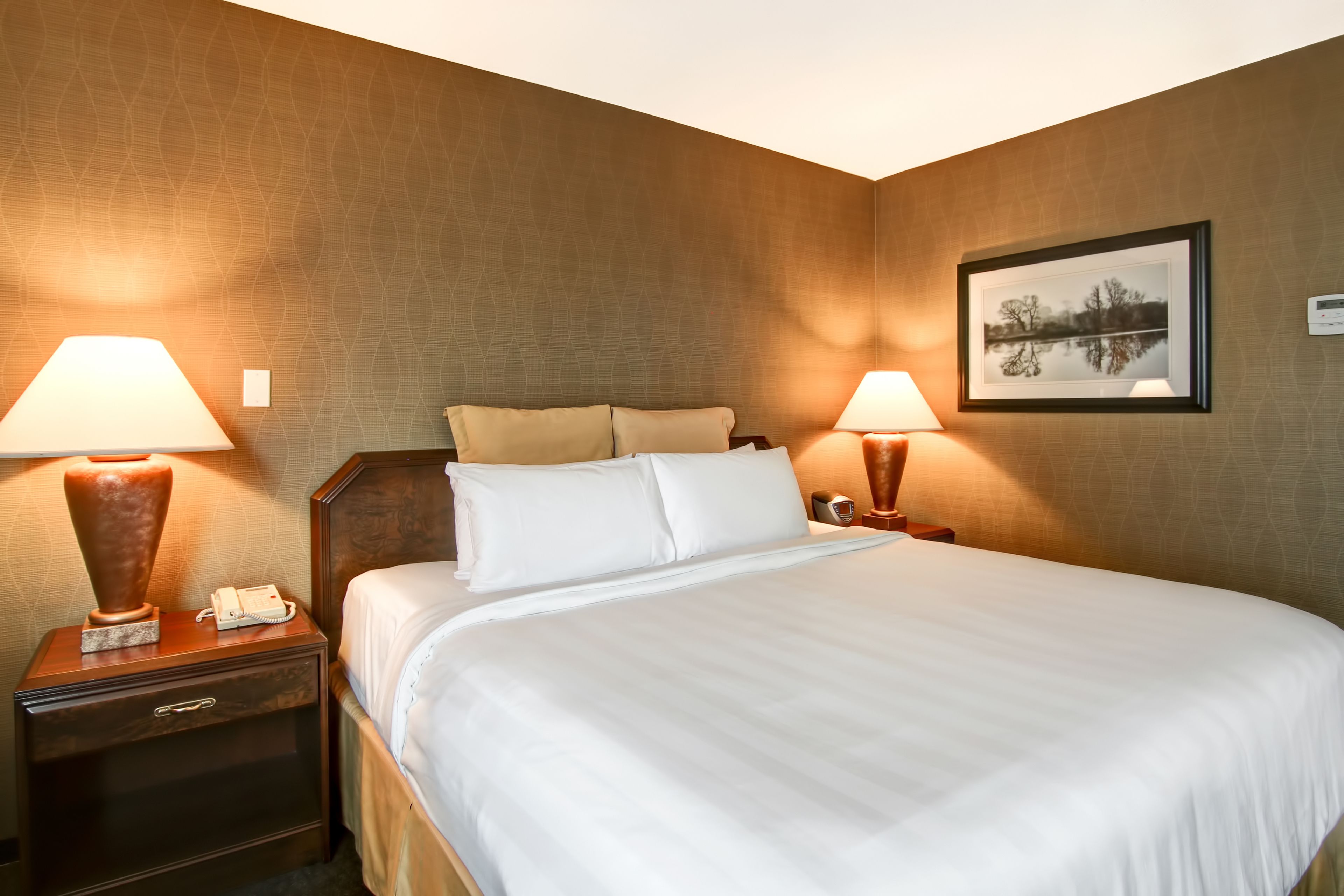 A hotel room with a large bed, two bedside tables with lamps, a framed picture on the wall, and a nightstand with a phone.