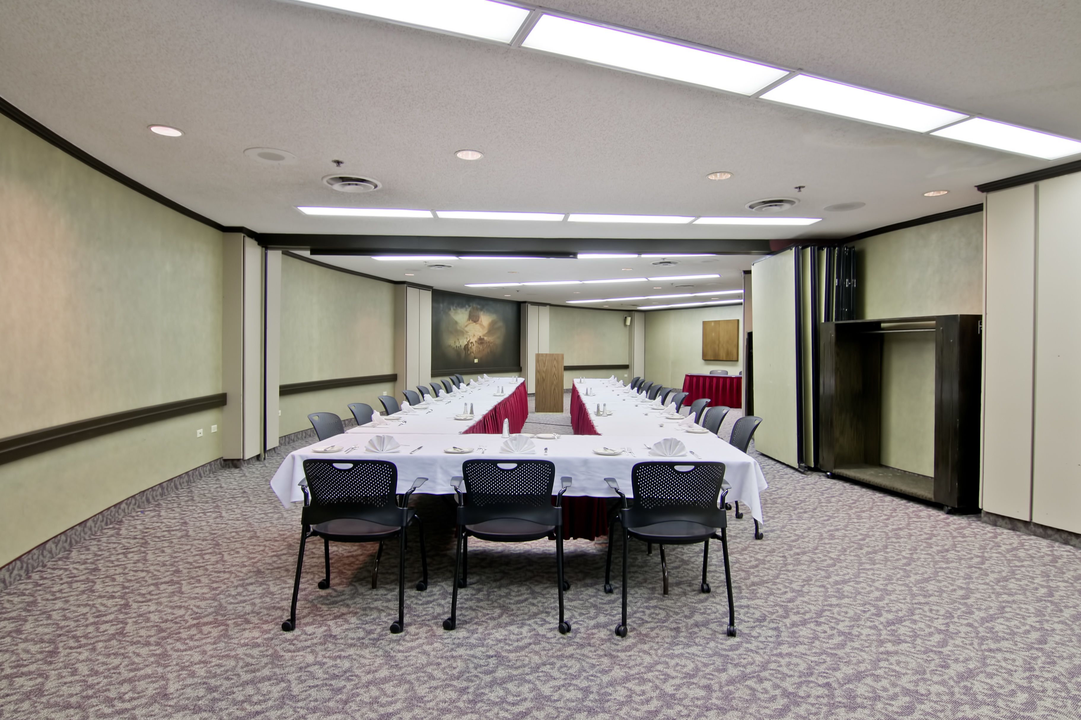 A conference room with a long table, chairs, and a red carpet runner.