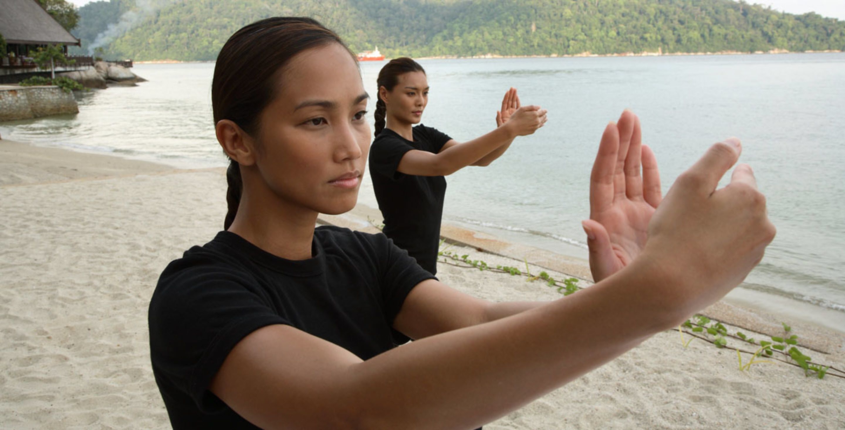Two individuals practicing Tai Chi on a beach with a calm sea and a forested hill in the background.
