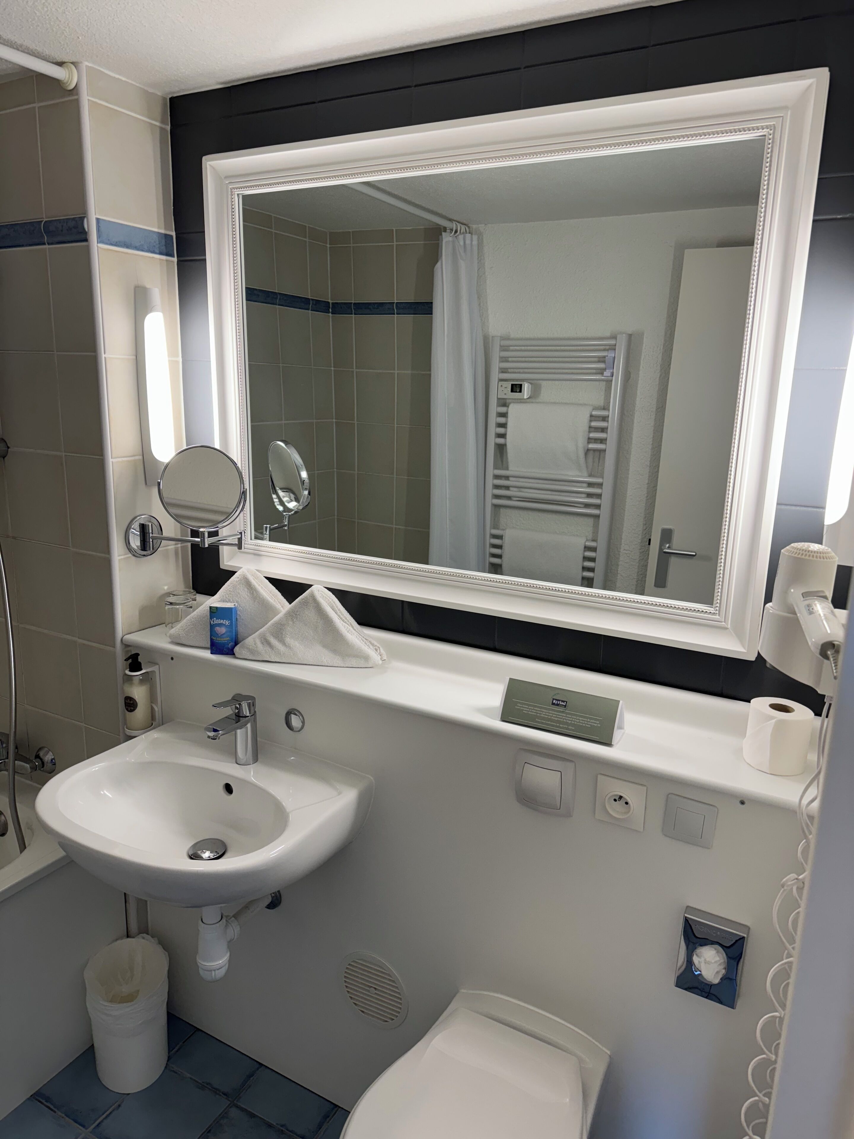 A bathroom with a large mirror, a sink, a toilet, and a towel rack.