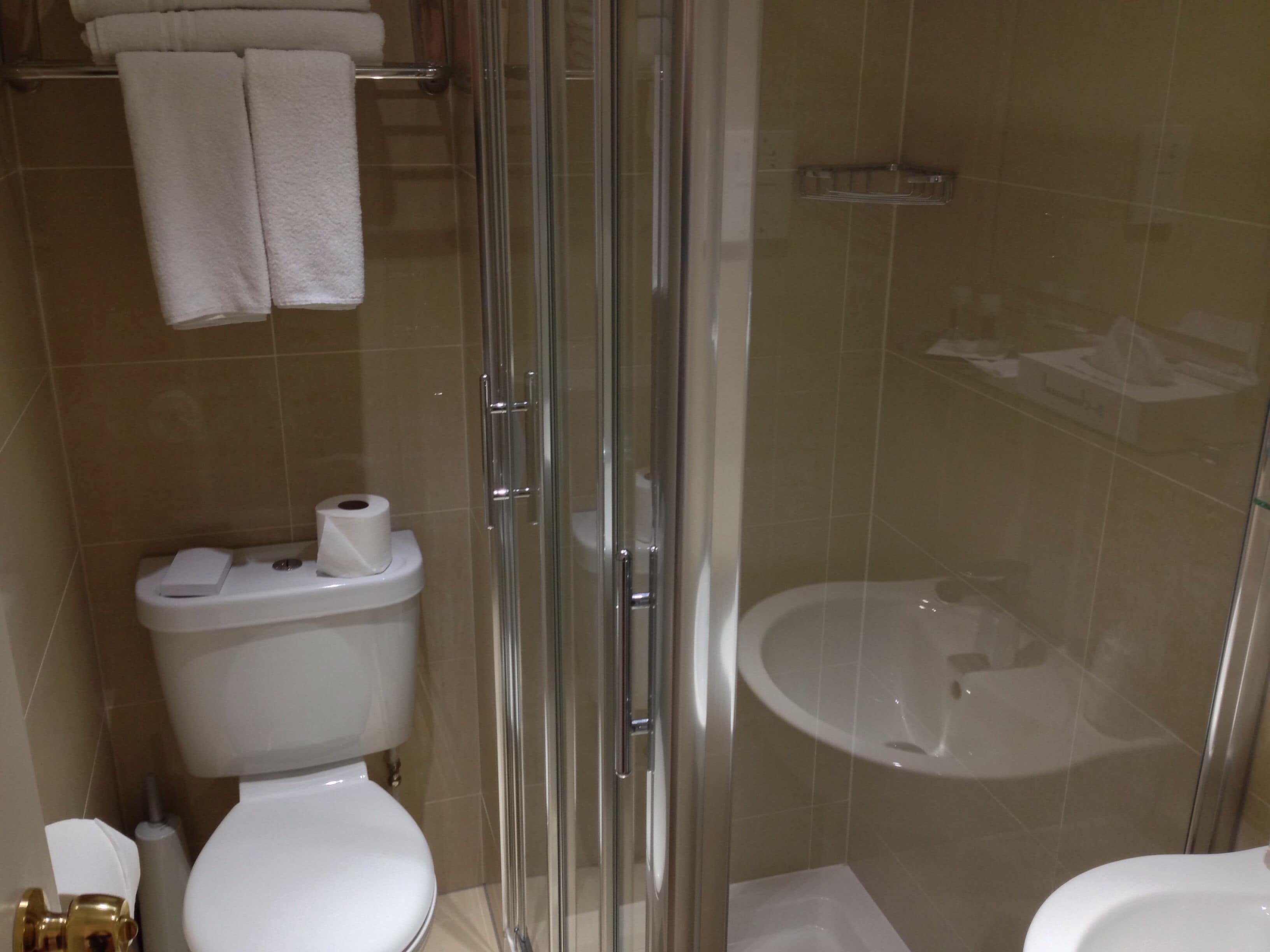 Une salle de bain comprenant des toilettes, une douche fermée par une paroi de verre et un lavabo.