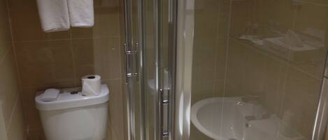 Une salle de bain comprenant des toilettes, une douche fermée par une paroi de verre et un lavabo.