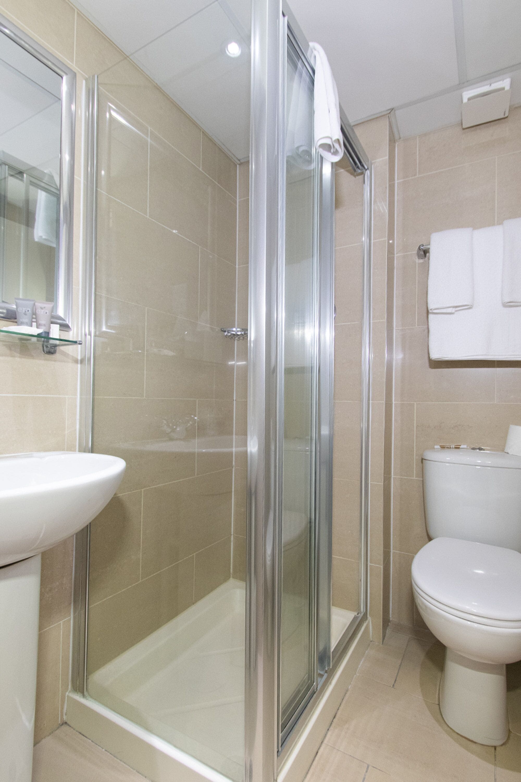 shower, free toiletries, hair dryer, towels