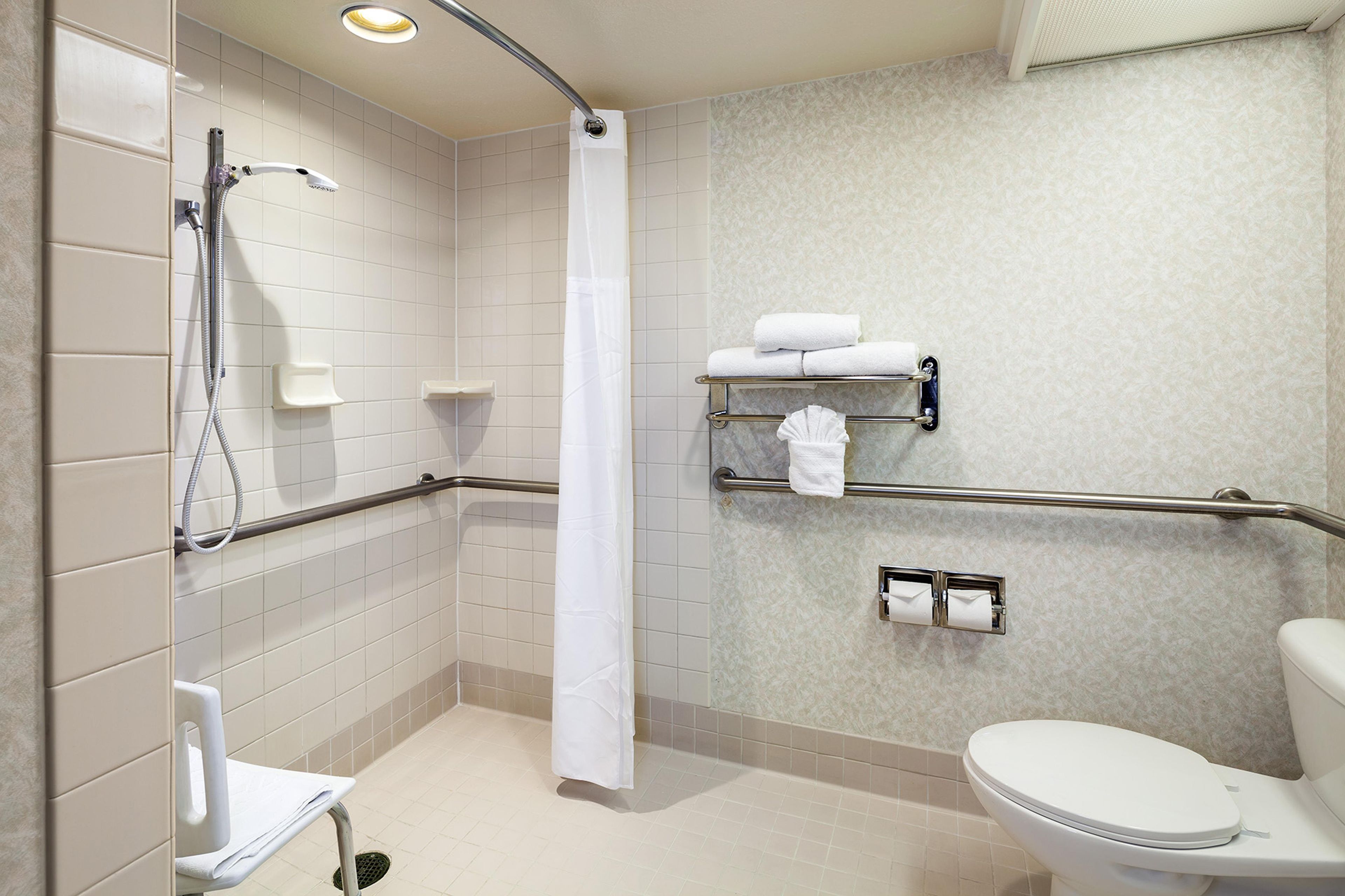 Une salle de bain équipée d’une douche, de toilettes et de barres d’appui.