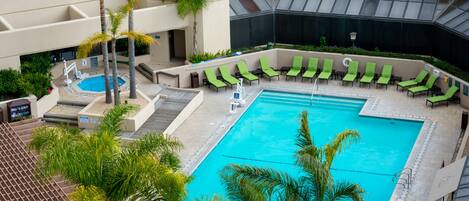 A rooftop swimming pool with multiple lounge chairs and palm trees.