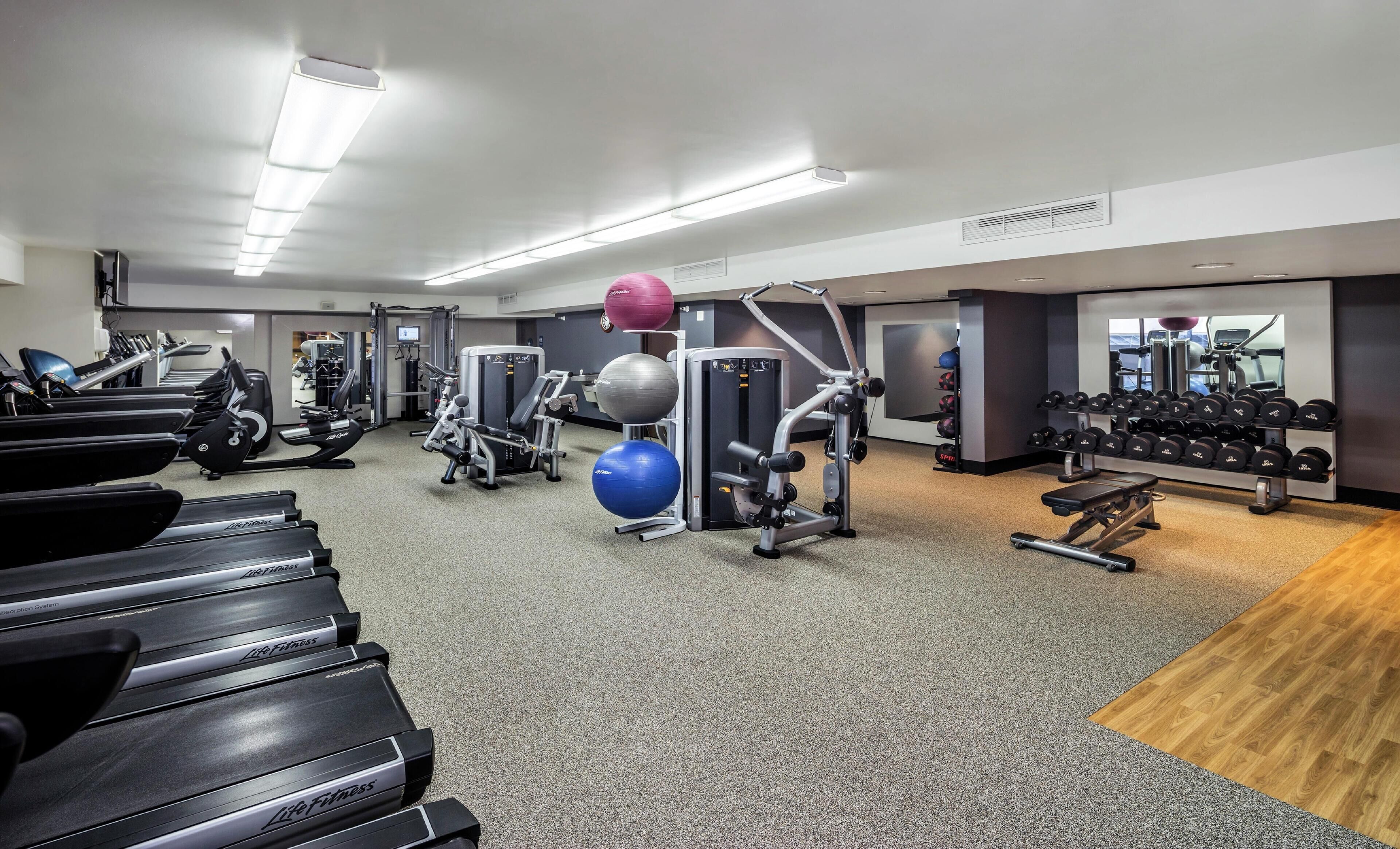 A gym with treadmills, exercise balls, weight machines, and dumbbells.