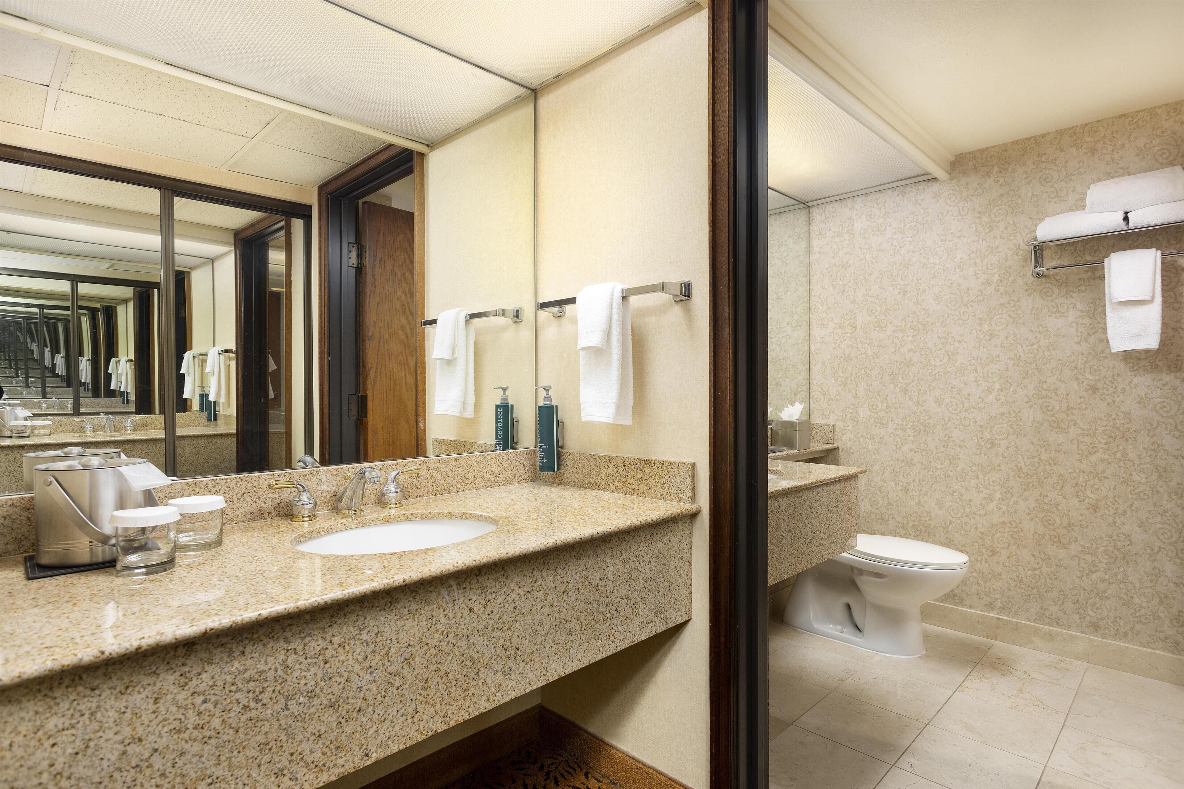 A hotel bathroom with a granite countertop sink, a mirror, a toilet, and a towel rack.