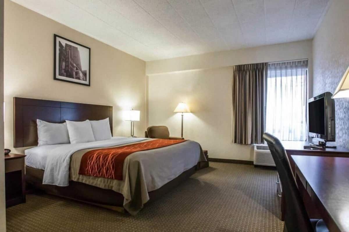 Premium bedding, desk, laptop workspace, blackout drapes