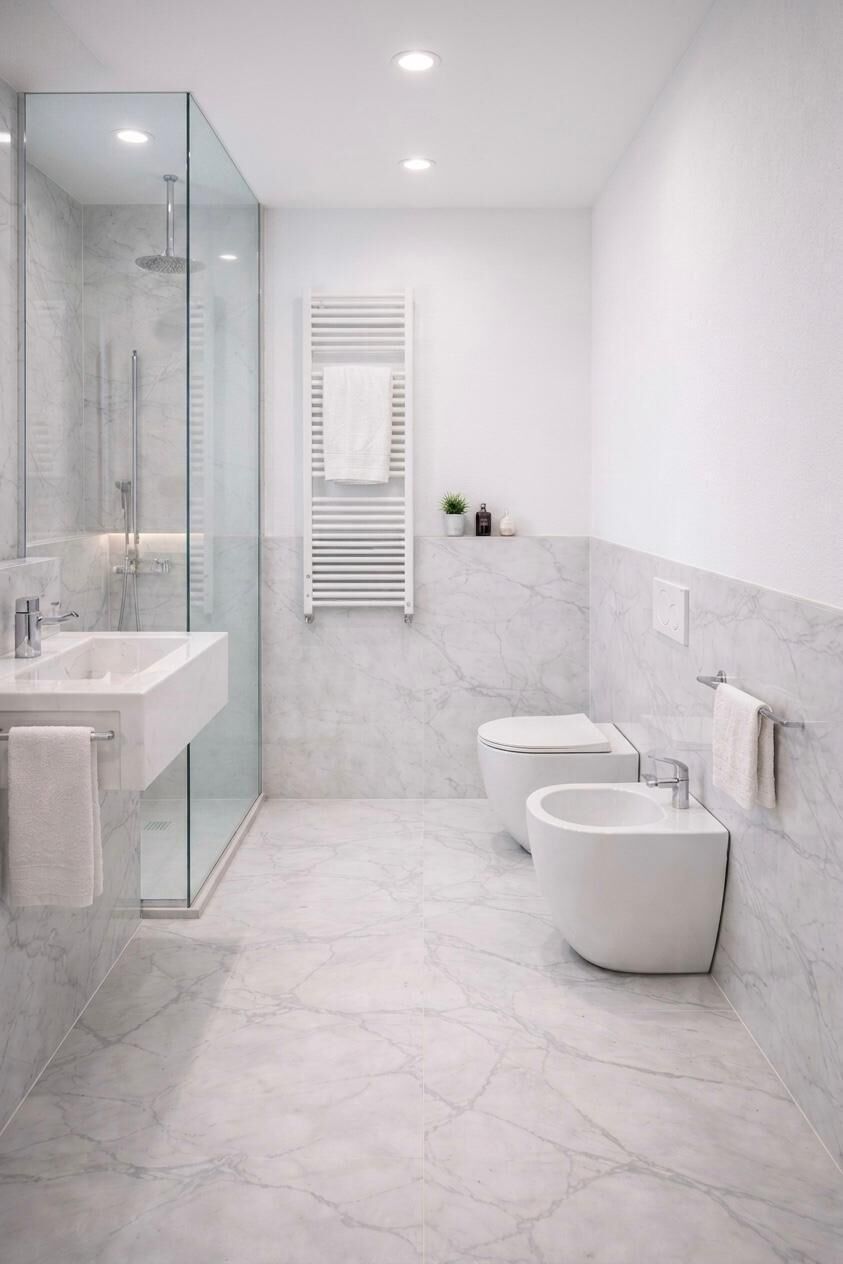 A modern bathroom with a glass-enclosed shower, two sinks, and a toilet.