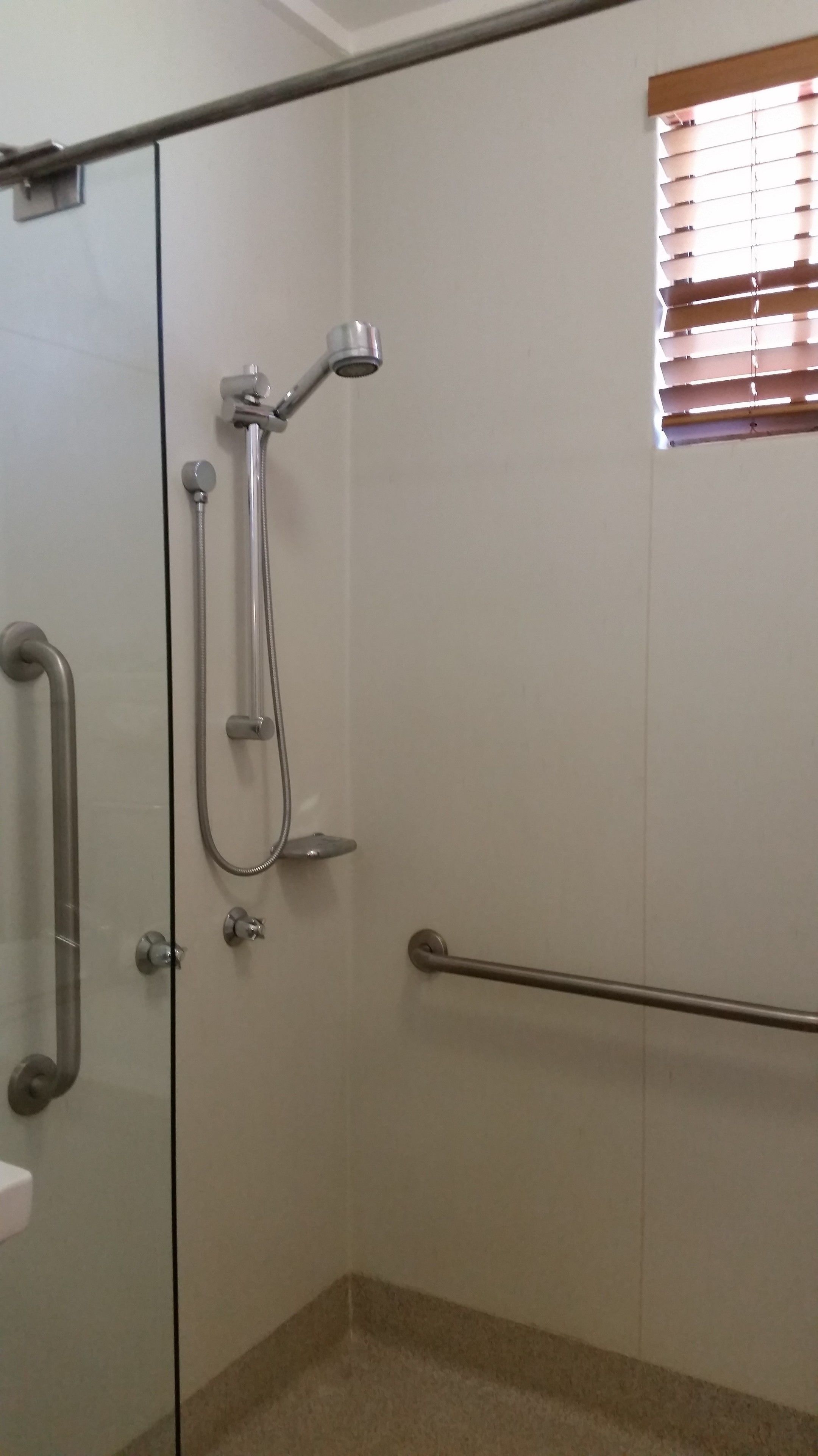 A shower area with a handheld showerhead, a handheld shower attachment, and a grab bar.