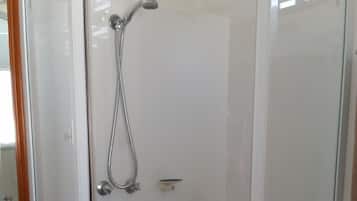 A glass-enclosed shower stall with a handheld showerhead and a handheld shower control.
