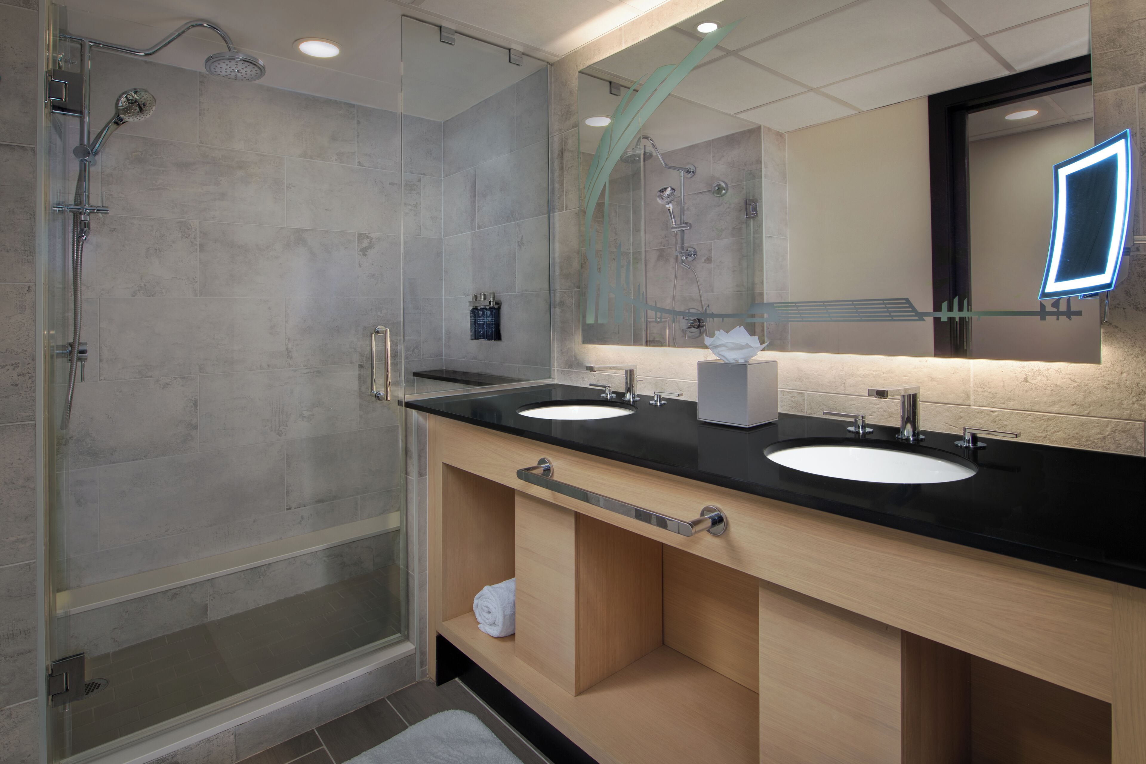 A modern bathroom with two sinks, a glass shower enclosure, and a large mirror with a lighted frame.