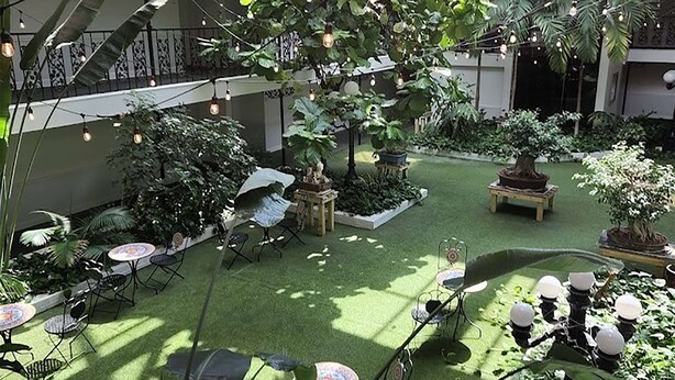 Un jardín interior con iluminación artificial, zonas de estar y plantas en macetas.