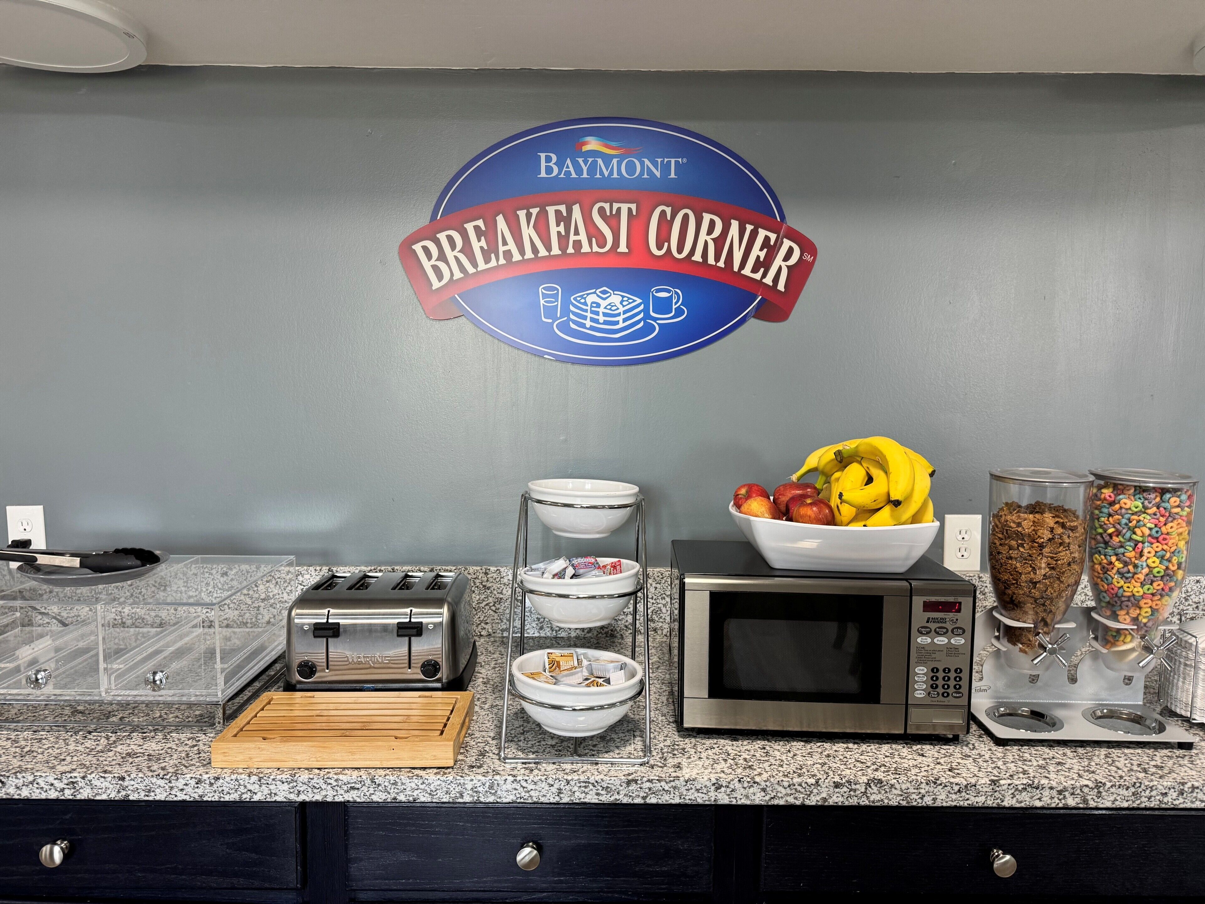 A kitchen counter with a toaster, microwave, bowls, and a fruit bowl.
