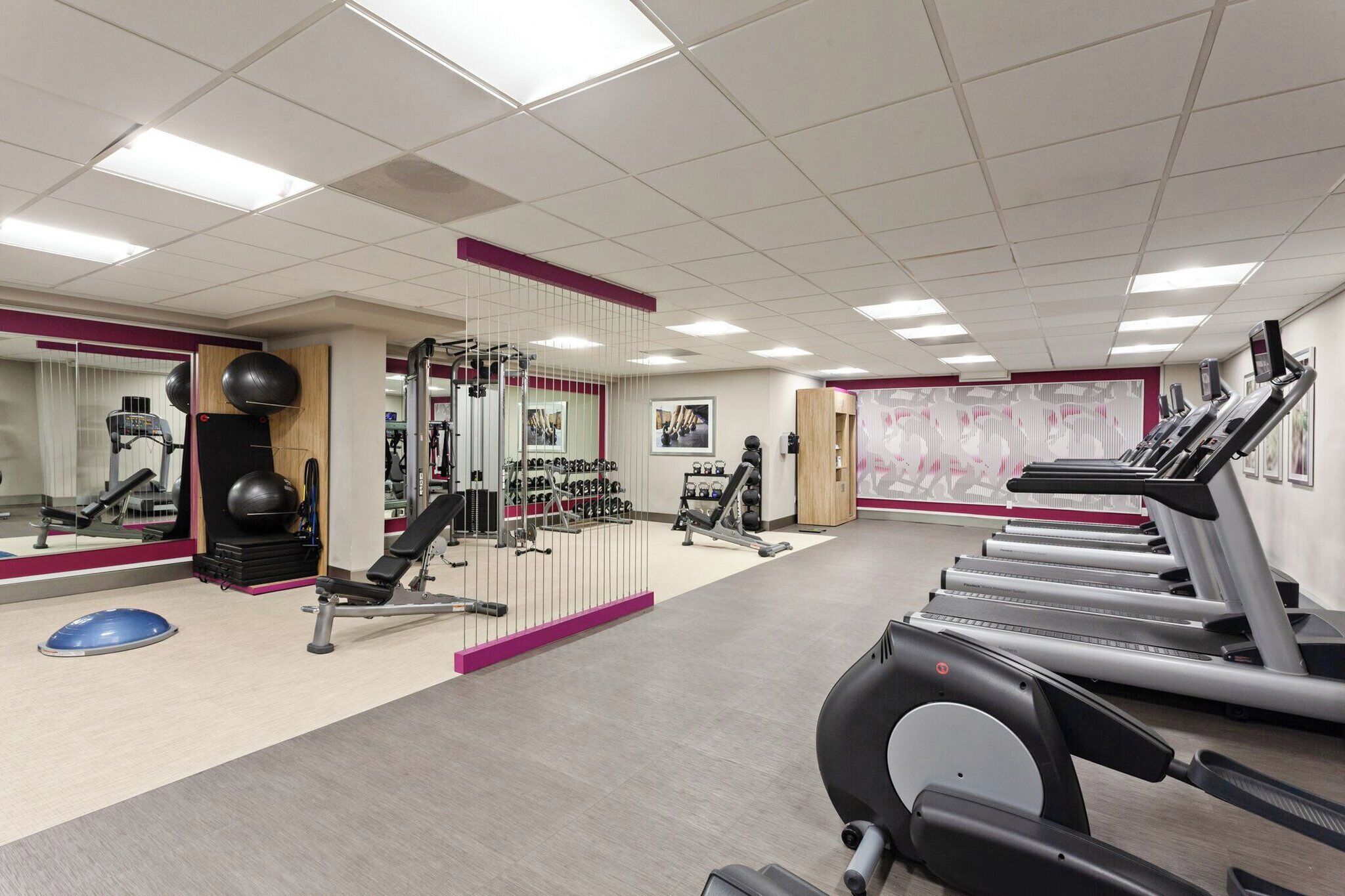 Ein Fitnessstudio mit Laufbändern, Kraftgeräten und Trainingsbällen.