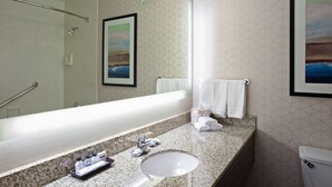 Un baño de hotel con encimera de granito, un lavabo, un espejo y un inodoro.