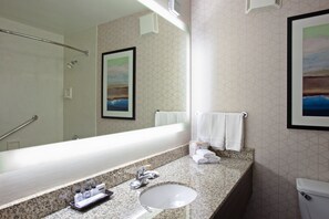 Un baño de hotel con encimera de granito, un lavabo, un espejo y un inodoro.