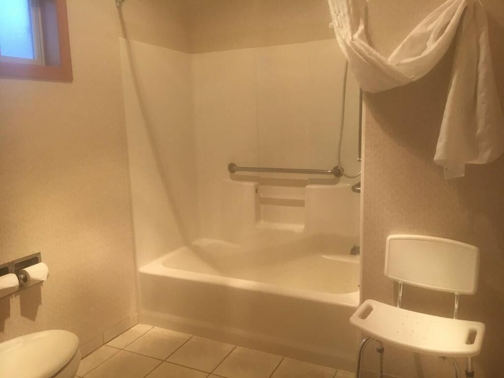 combined shower/bathtub, free toiletries, towels, soap