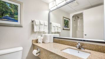 Combined shower/tub, free toiletries, hair dryer, towels