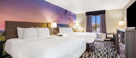 Roupas de cama premium, escrivaninha, espaço de trabalho para notebook