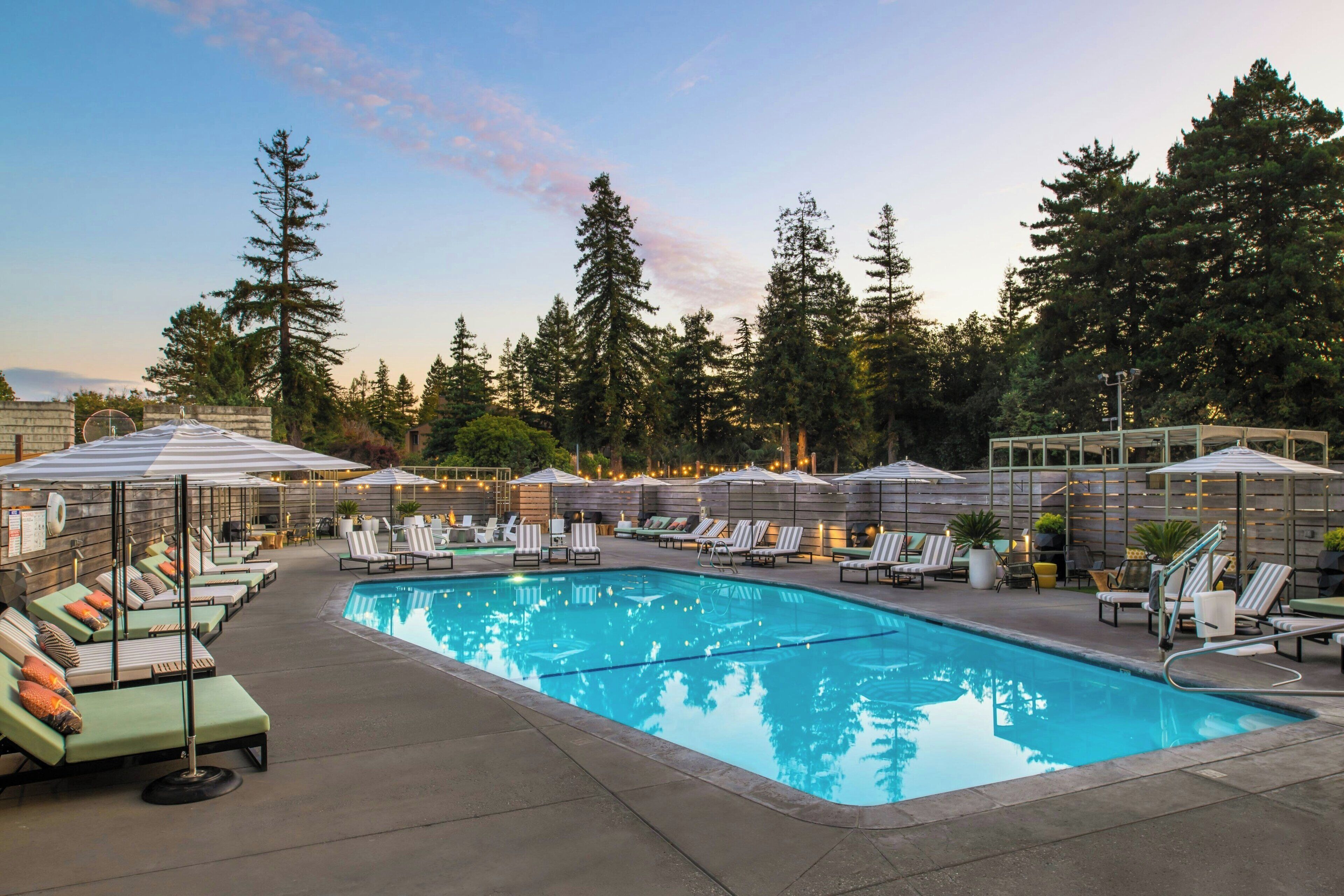 A pool area with lounge chairs and umbrellas, surrounded by trees.