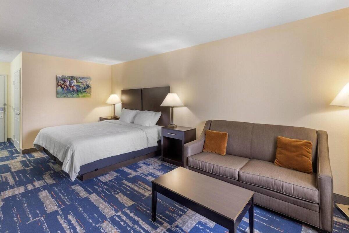 A hotel room with a bed, a sofa, a coffee table, and two bedside lamps.