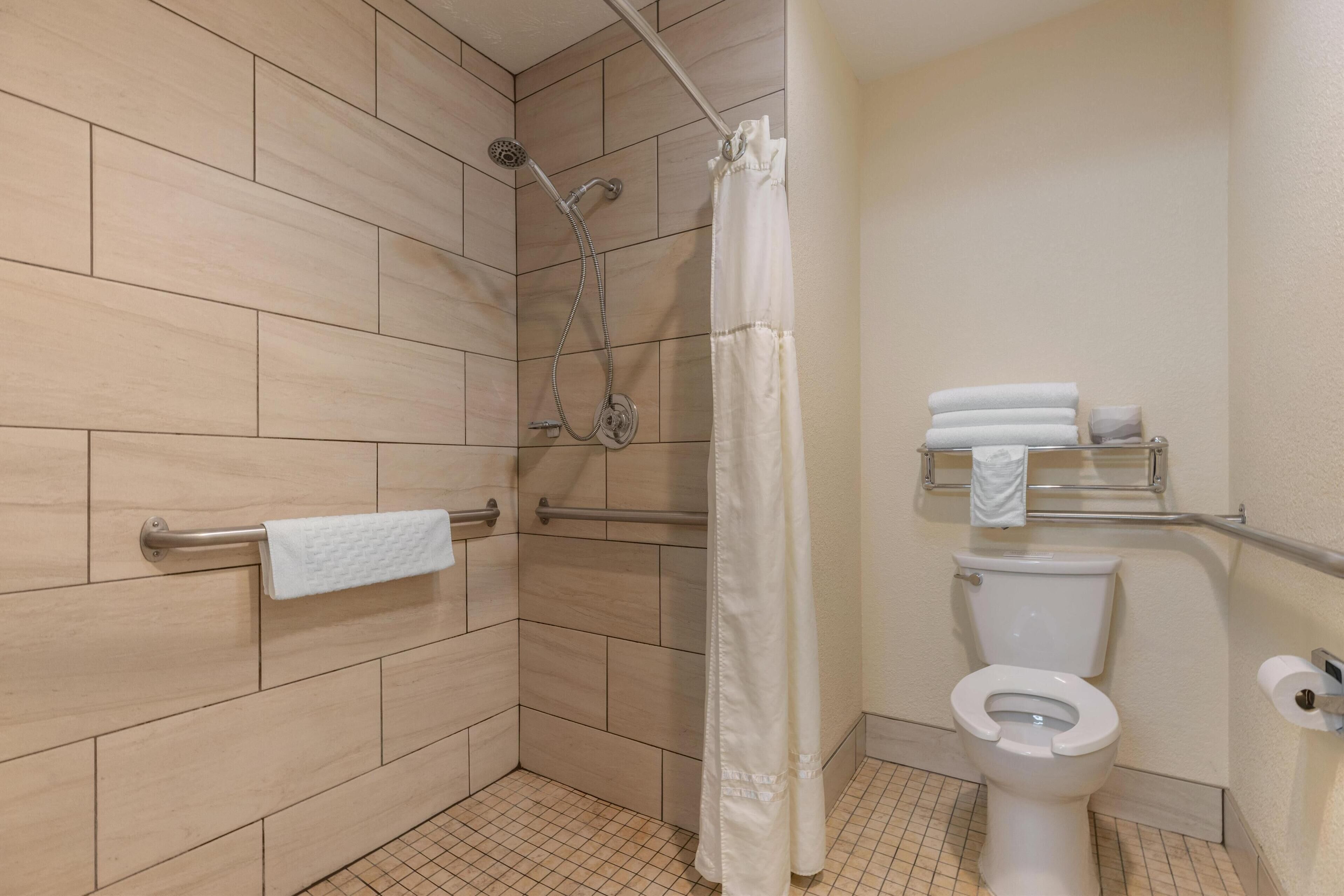 standard room, 1 king bed, accessible, non smoking | bathroom | combined shower/bathtub, free toiletries, hair dryer, towels