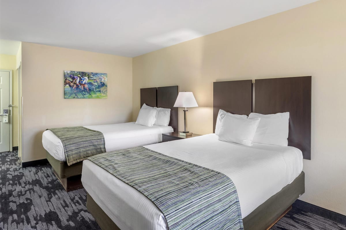 A hotel room with two beds, a painting on the wall, a lamp, and a carpeted floor.