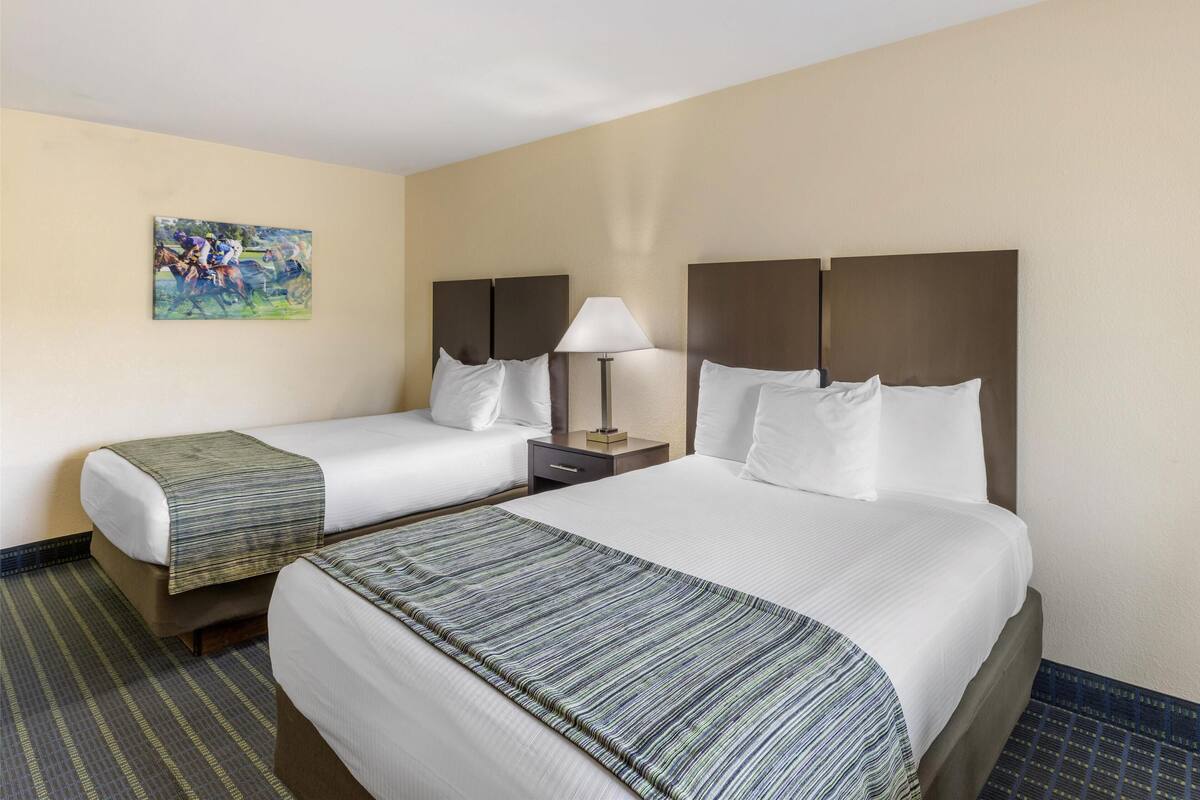 A hotel room with two beds, a nightstand, a lamp, and a painting on the wall.