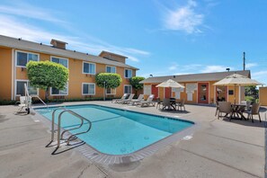 Outdoor pool, open 8 AM to 9 PM, pool umbrellas, sun loungers