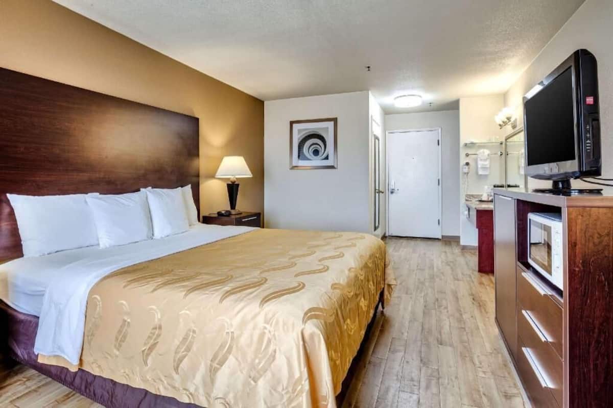 A hotel room with a bed, a TV, a desk, and a bathroom.