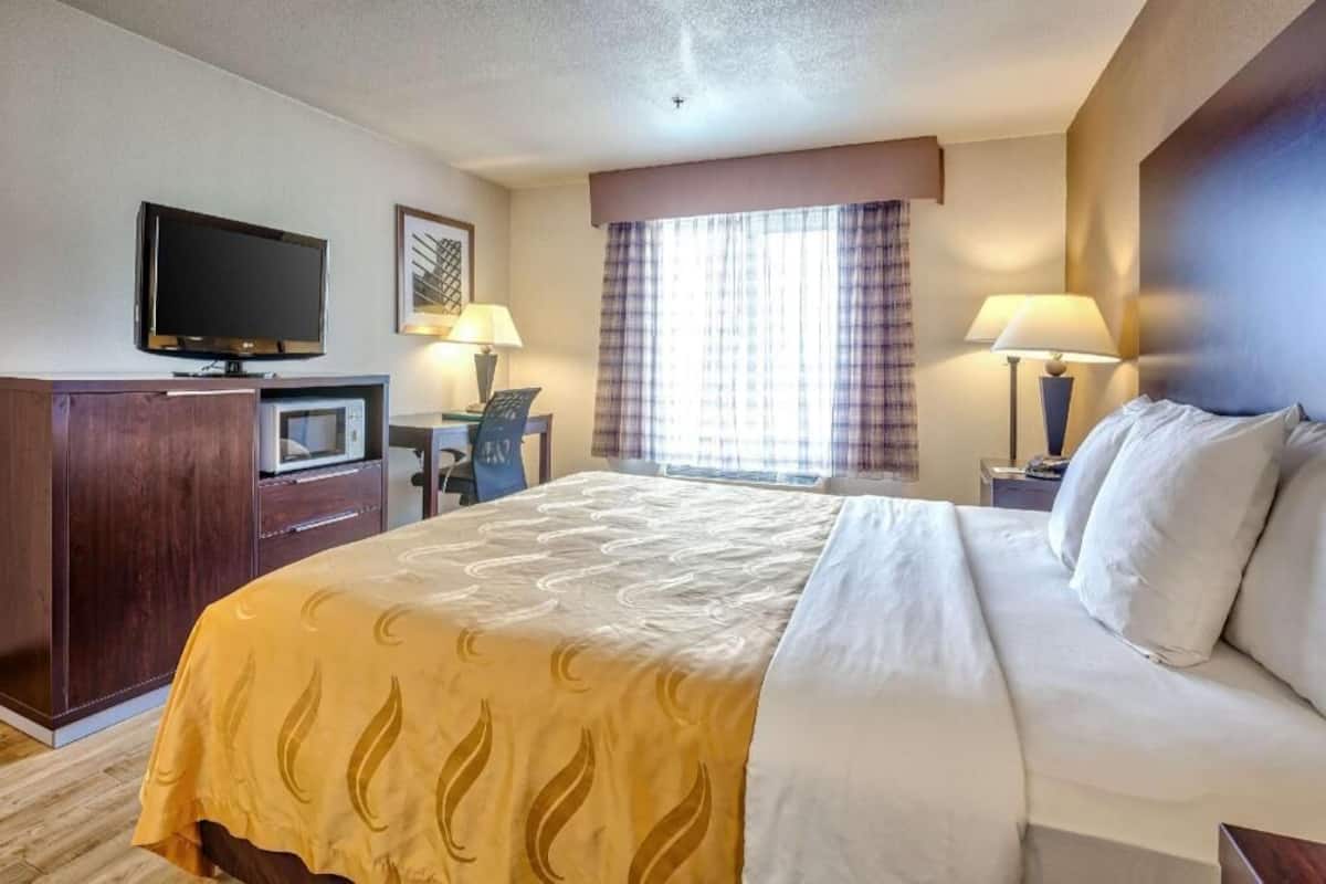 A hotel room with a bed, a desk, a television, and a window with curtains.