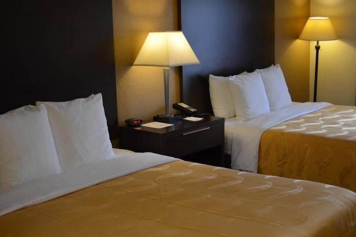 A hotel room with two beds, each with white linens and a patterned duvet. There are bedside tables with lamps and a clock.