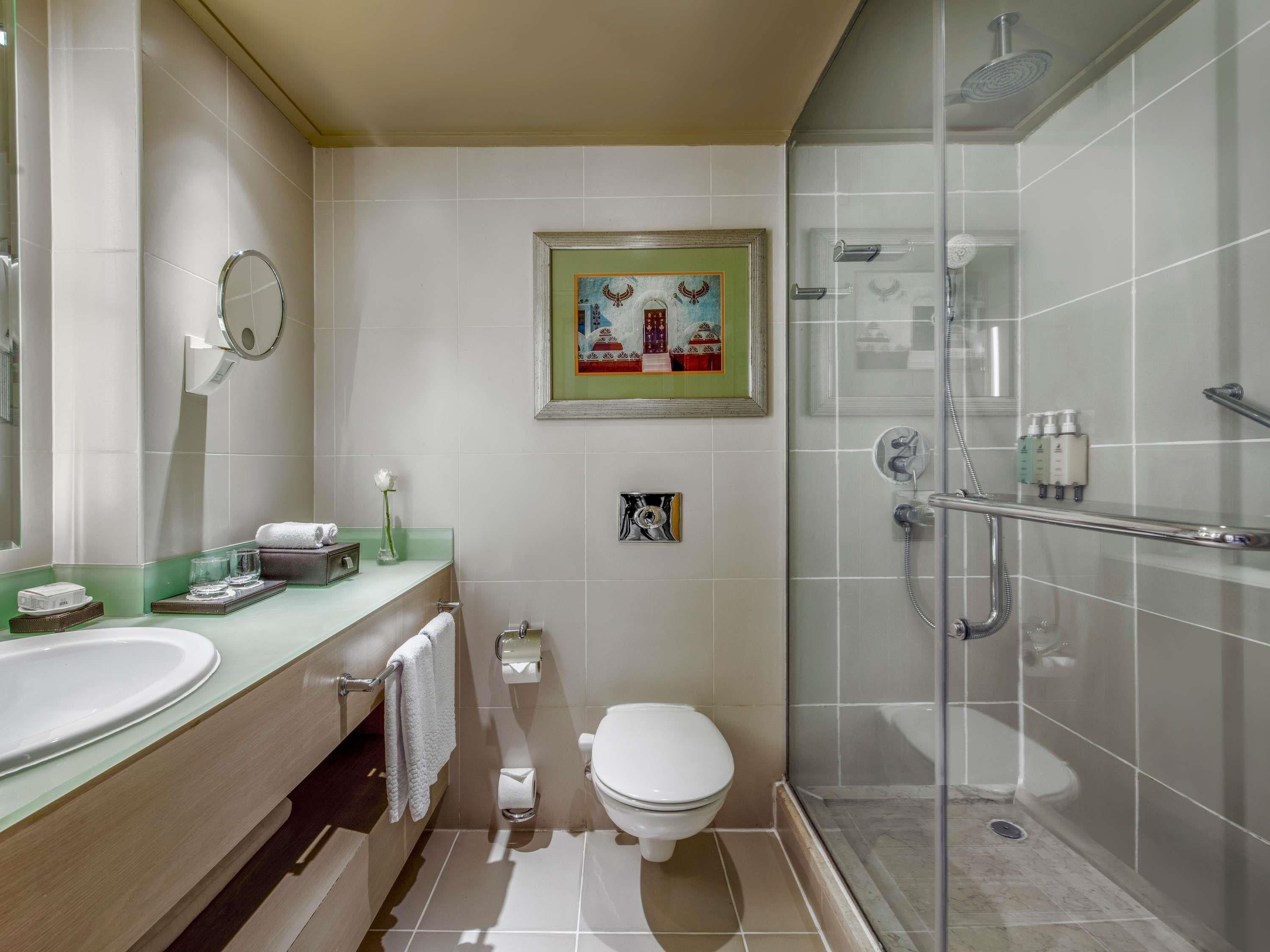A modern bathroom with a glass-enclosed shower, a toilet, and a sink with a vanity.