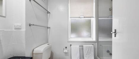 A bathroom with a toilet, bidet, and shower.