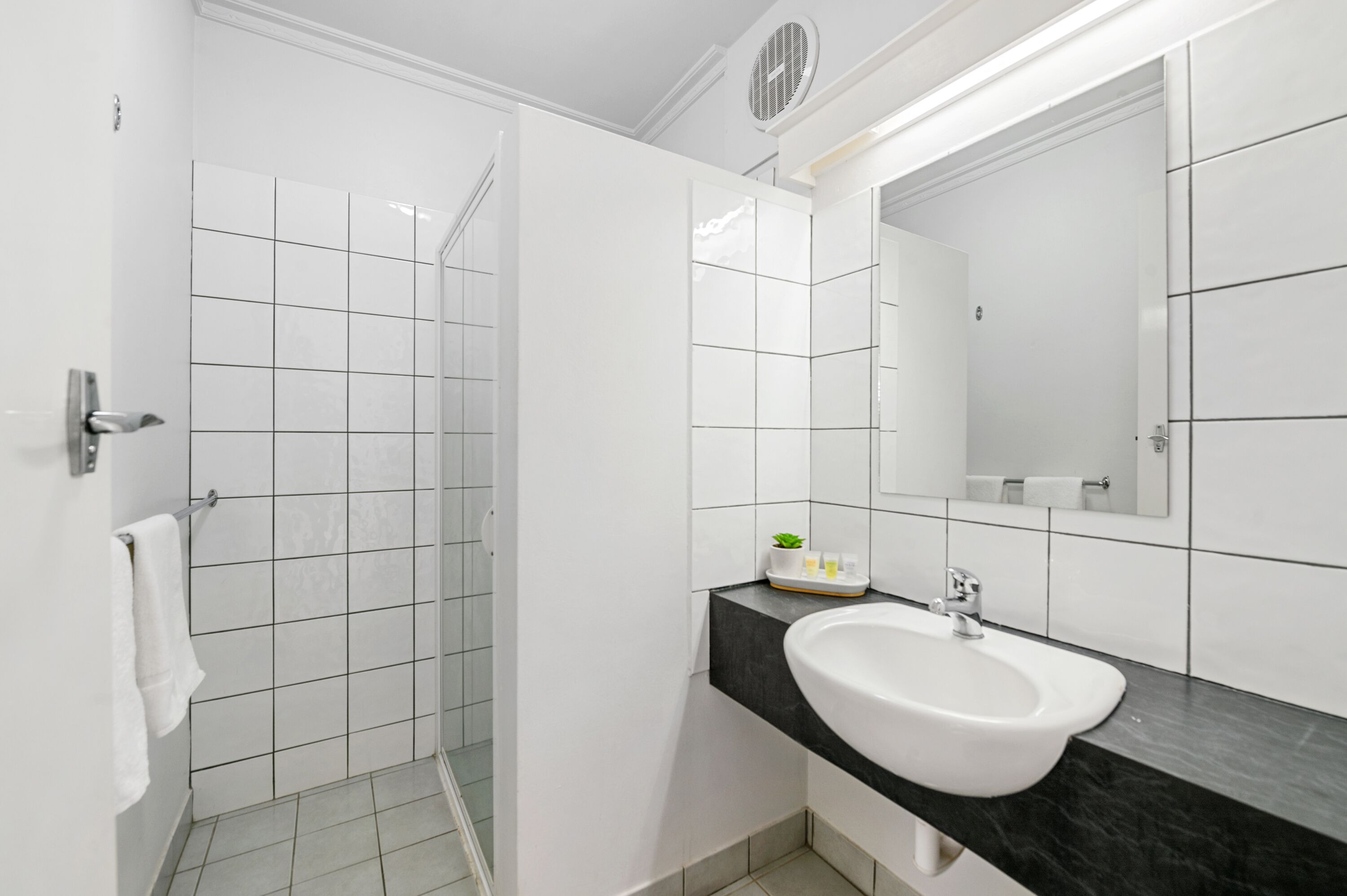 Un baño moderno con ducha, lavamanos y un espejo grande.