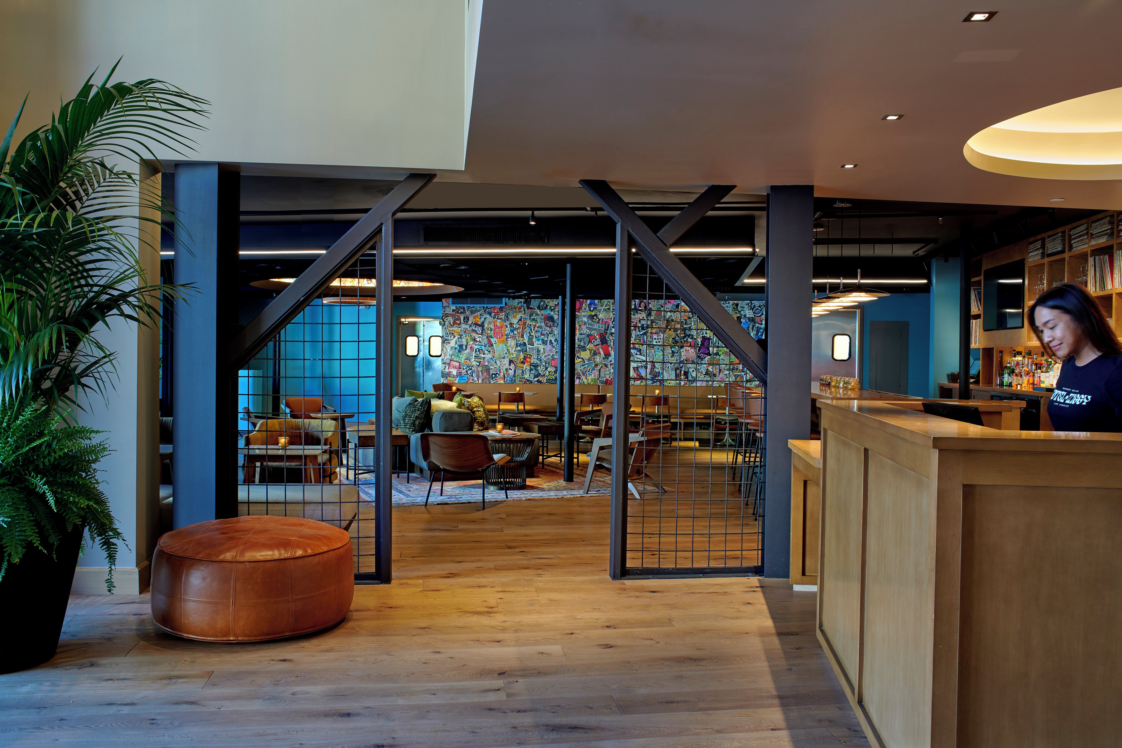 A modern interior with a wooden floor, a bar area, and a seating space with a large potted plant.