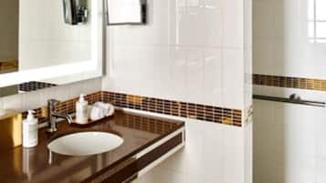 Rainfall showerhead, designer toiletries, hair dryer, bathrobes