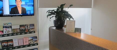 A reception area with a television displaying a news channel, a plant, and informational brochures on the wall.