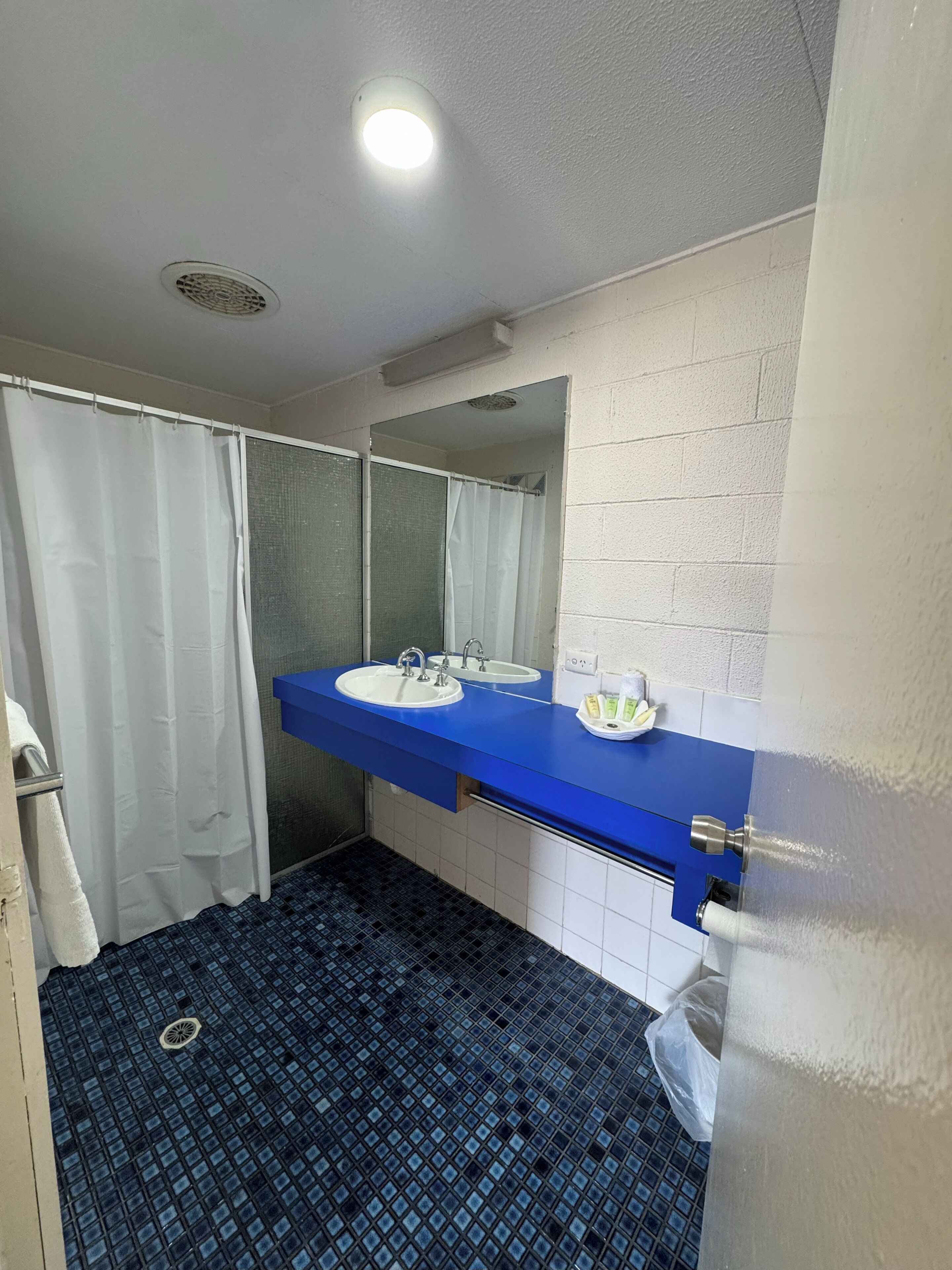 Un baño con dos lavamanos, ducha y espejo.
