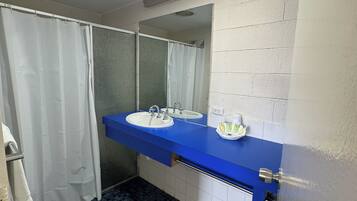 Un baño con dos lavamanos, ducha y espejo.
