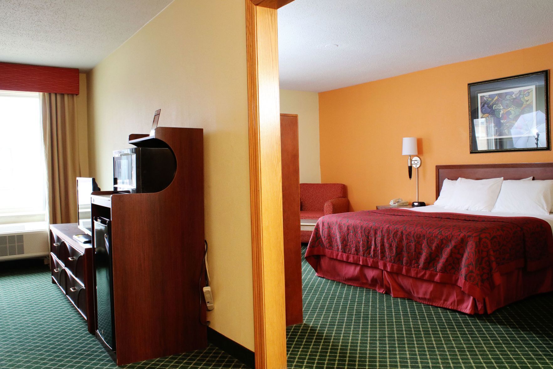 Premium bedding, desk, blackout drapes, iron/ironing board